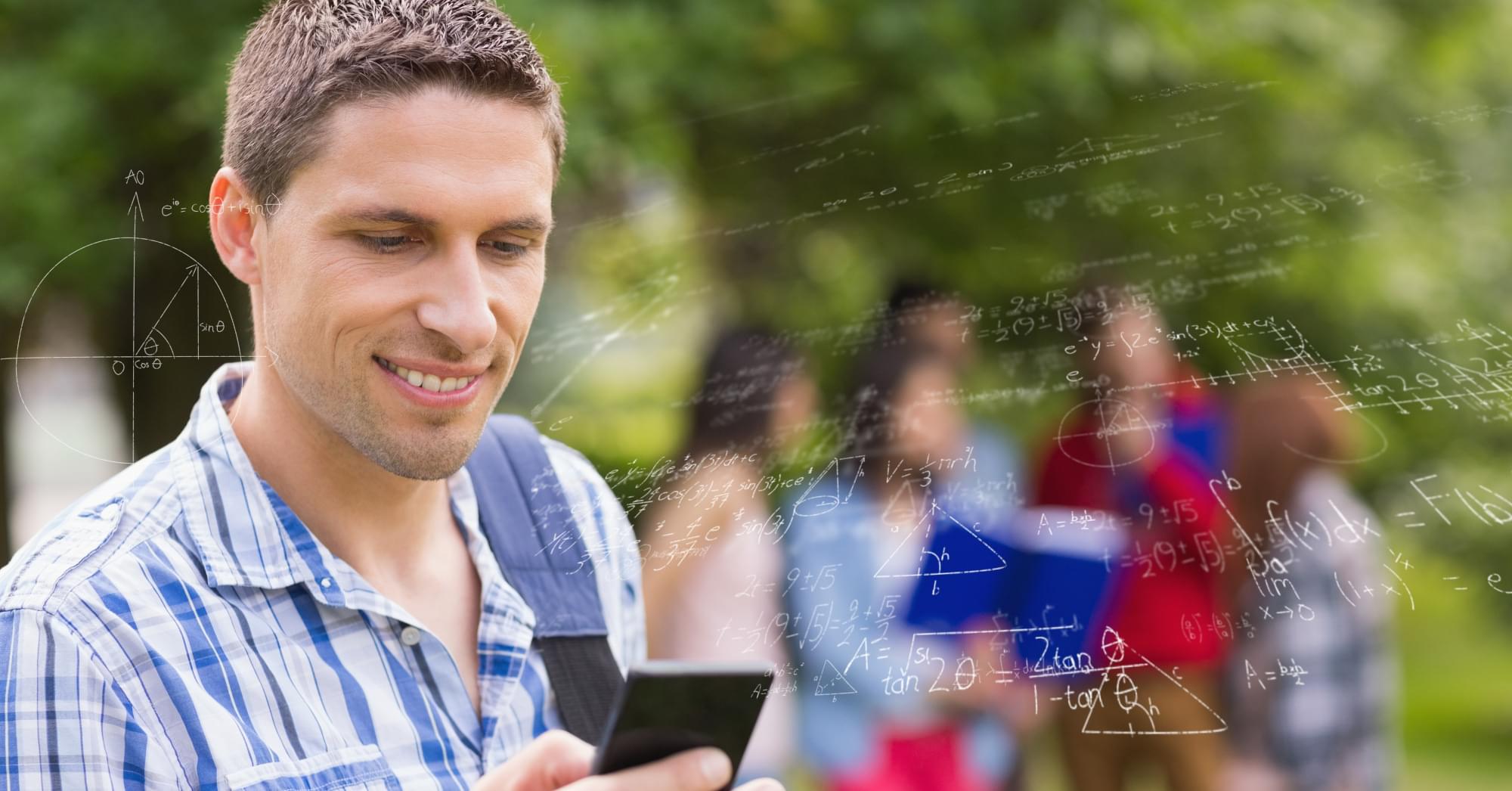 A man looking at his smartphone with mathematical formulas surrounding him