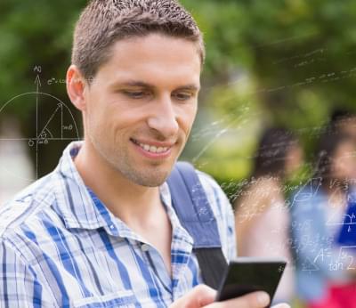 A man looking at his smartphone with mathematical formulas surrounding him