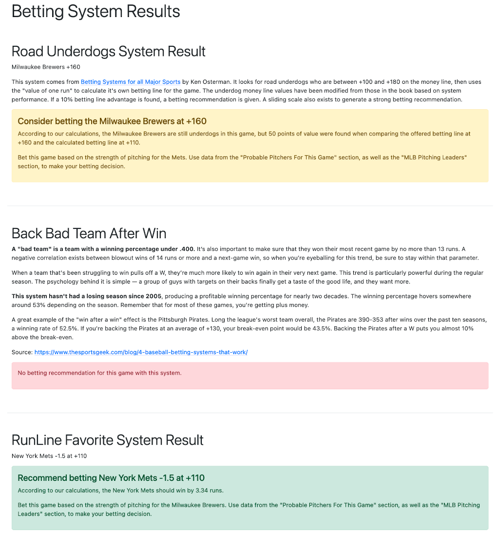 A screenshot showing MLB betting system results