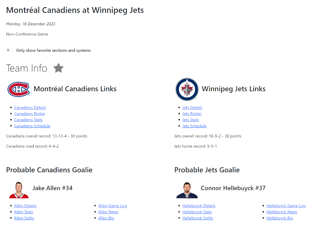 A screenshot of the Cappers NHL team information section from the handicapping results page